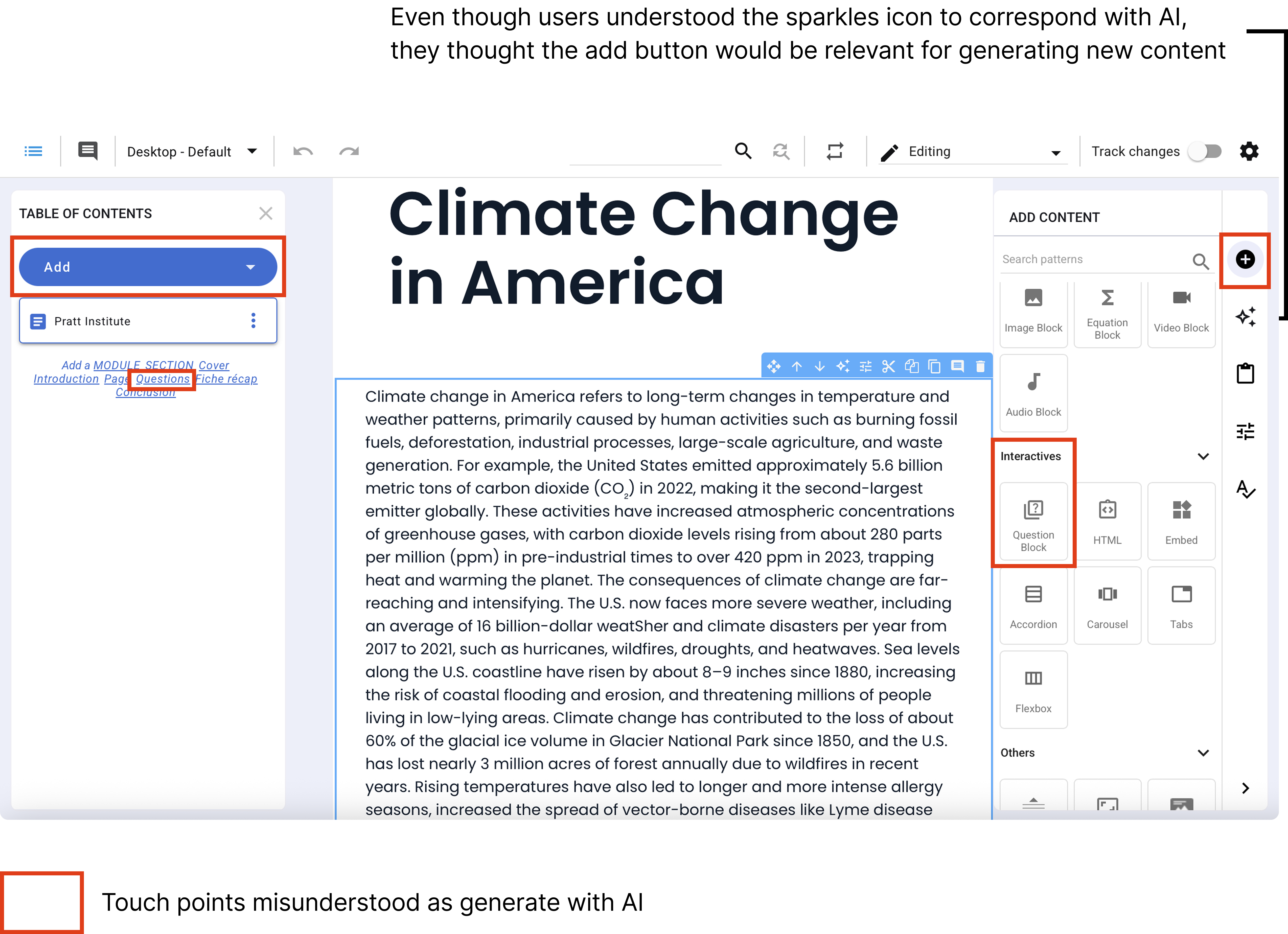 Touchpoints users confused for the Generate with AI CTA